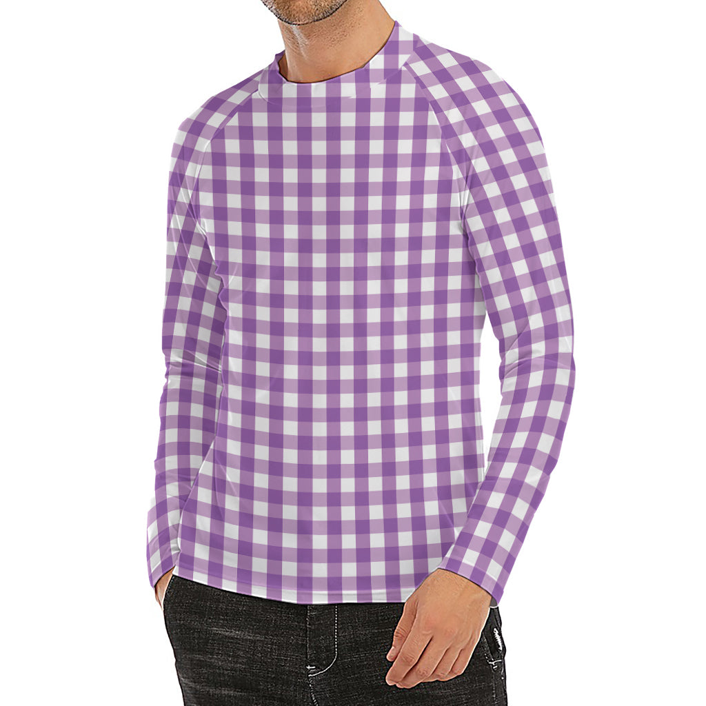 Purple And White Check Pattern Print Men's Long Sleeve Rash Guard