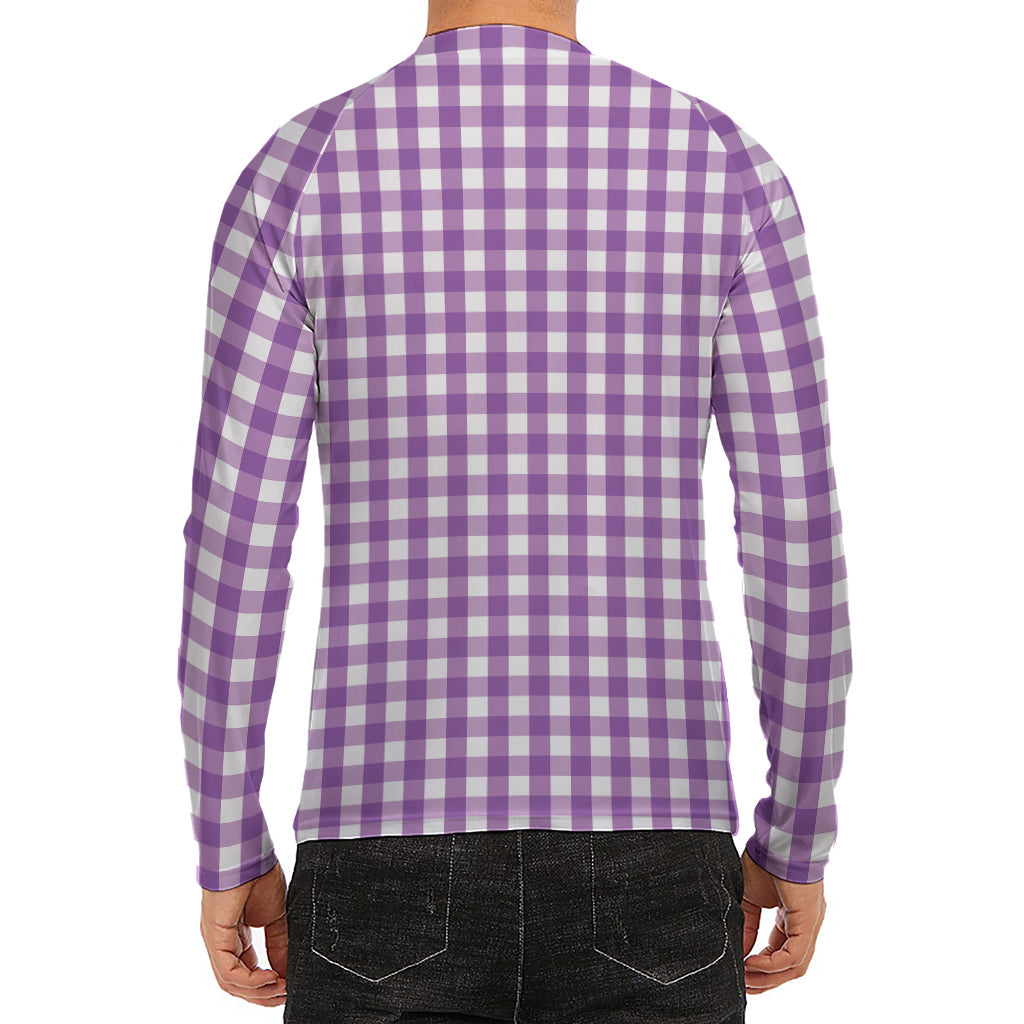 Purple And White Check Pattern Print Men's Long Sleeve Rash Guard