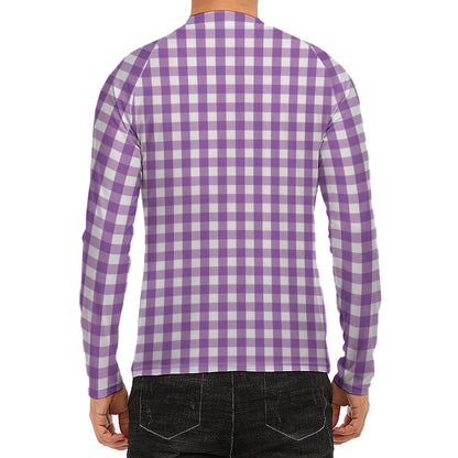 Purple And White Check Pattern Print Men's Long Sleeve Rash Guard