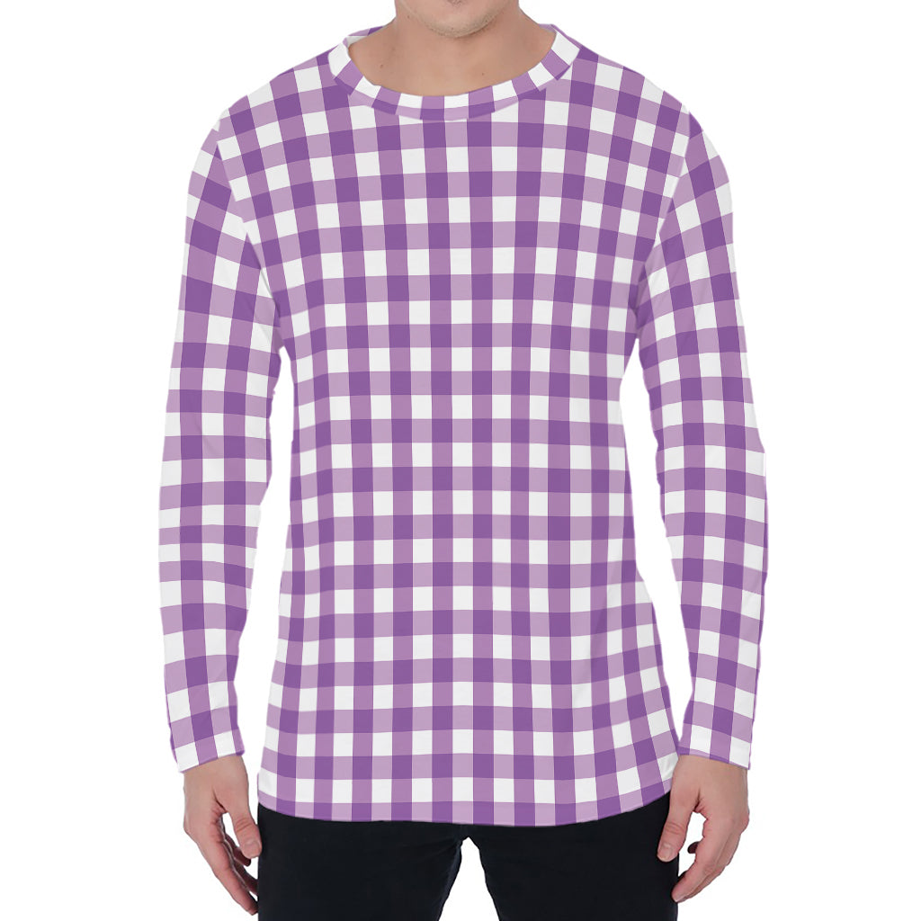 Purple And White Check Pattern Print Men's Long Sleeve T-Shirt
