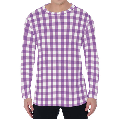 Purple And White Check Pattern Print Men's Long Sleeve T-Shirt