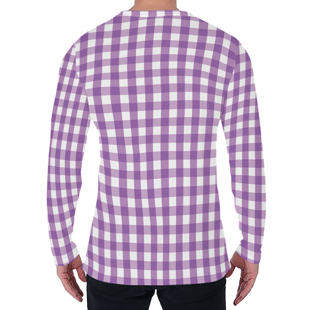 Purple And White Check Pattern Print Men's Long Sleeve T-Shirt