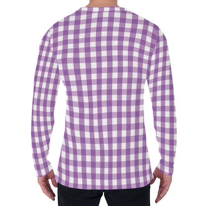 Purple And White Check Pattern Print Men's Long Sleeve T-Shirt