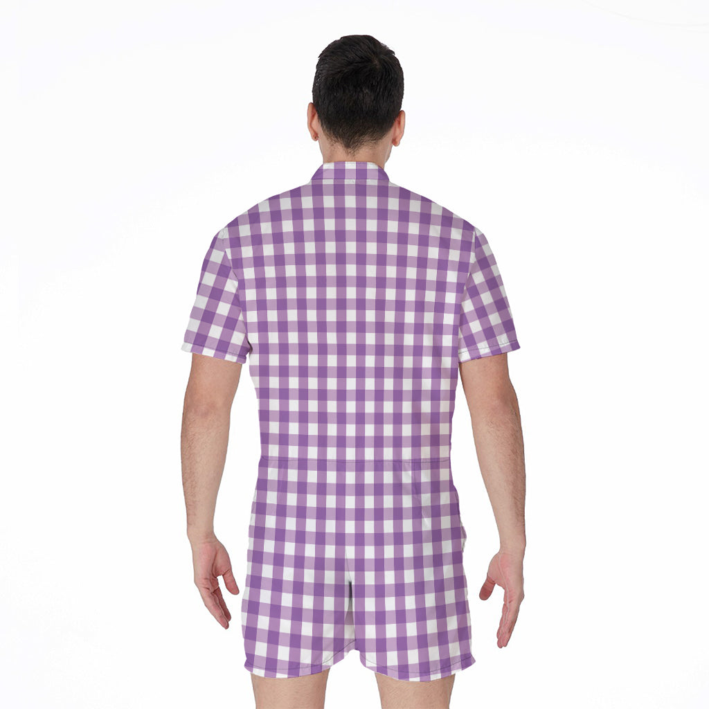 Purple And White Check Pattern Print Men's Rompers