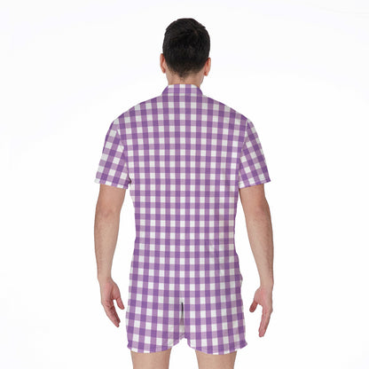 Purple And White Check Pattern Print Men's Rompers