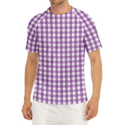 Purple And White Check Pattern Print Men's Short Sleeve Rash Guard