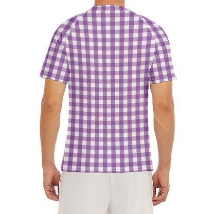 Purple And White Check Pattern Print Men's Short Sleeve Rash Guard