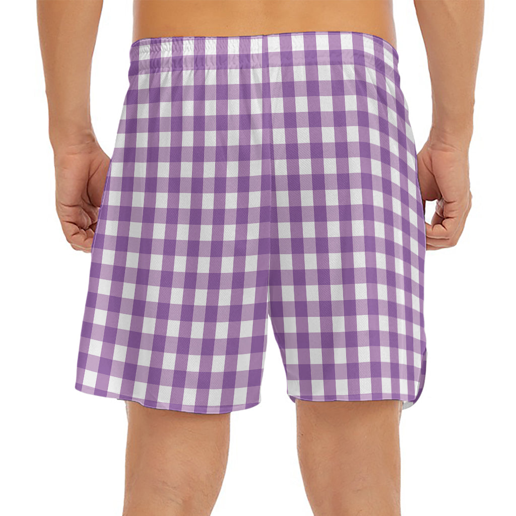 Purple And White Check Pattern Print Men's Split Running Shorts