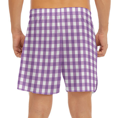 Purple And White Check Pattern Print Men's Split Running Shorts