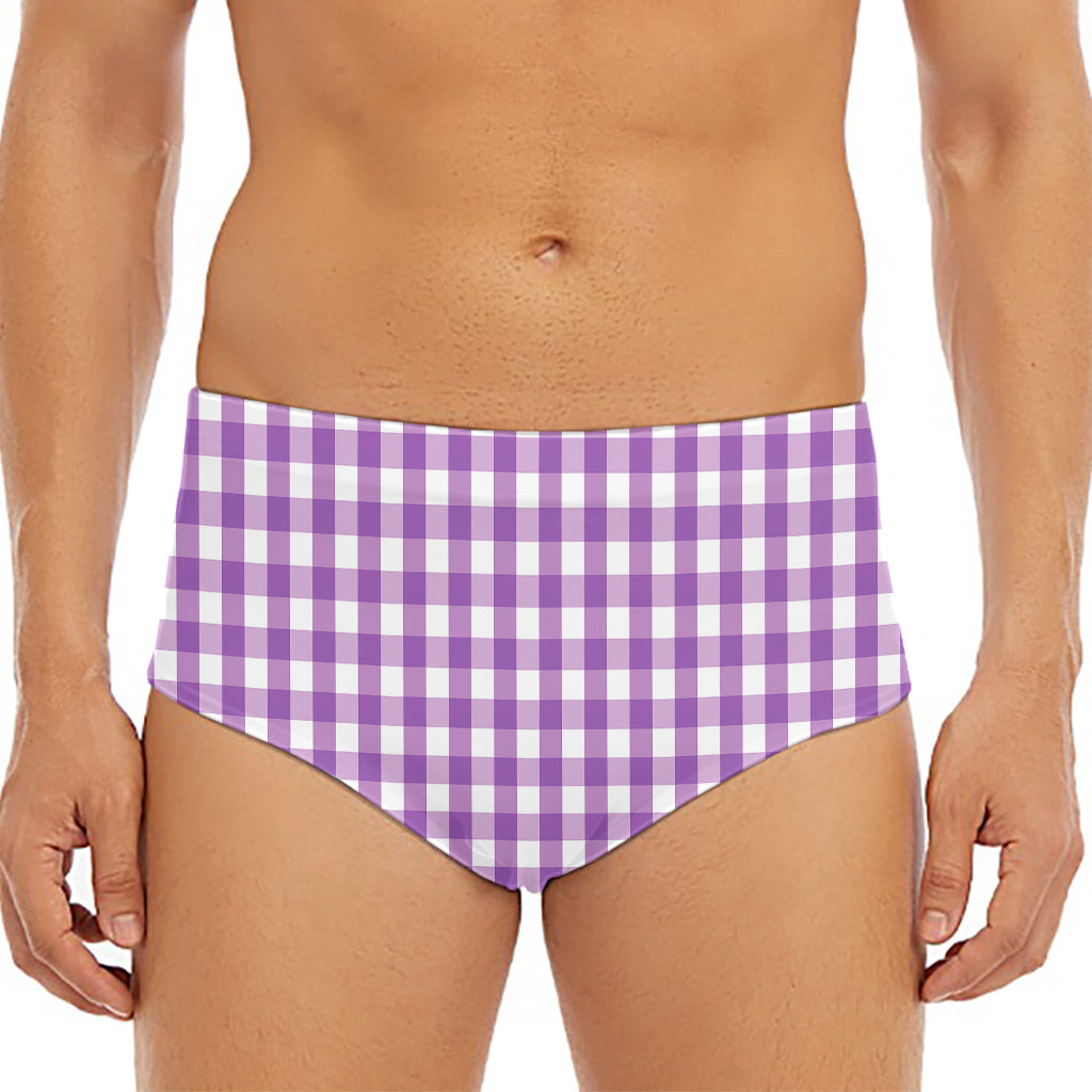 Purple And White Check Pattern Print Men's Triangle Swim Briefs