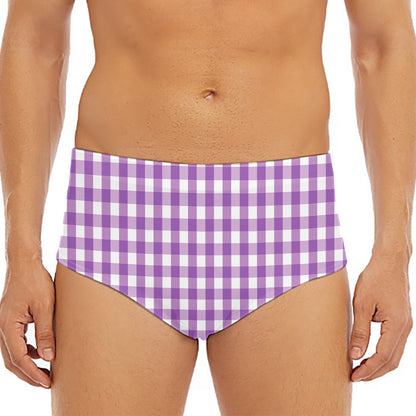 Purple And White Check Pattern Print Men's Triangle Swim Briefs