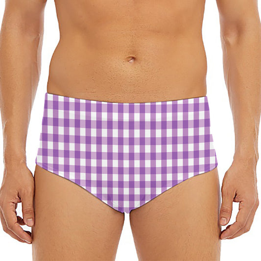 Purple And White Check Pattern Print Men's Triangle Swim Briefs