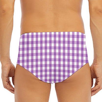 Purple And White Check Pattern Print Men's Triangle Swim Briefs