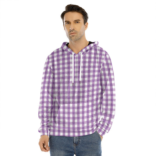 Purple And White Check Pattern Print Men's Velvet Pullover Hoodie