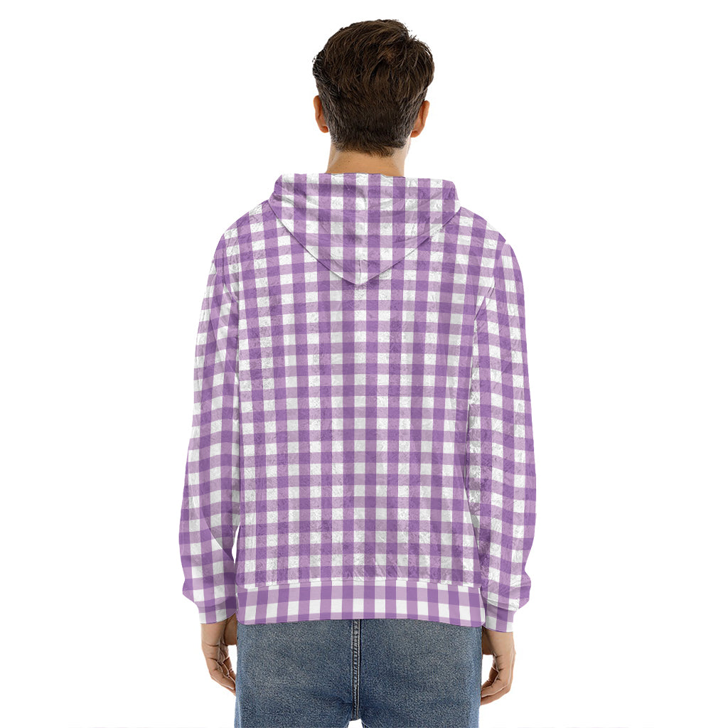 Purple And White Check Pattern Print Men's Velvet Pullover Hoodie