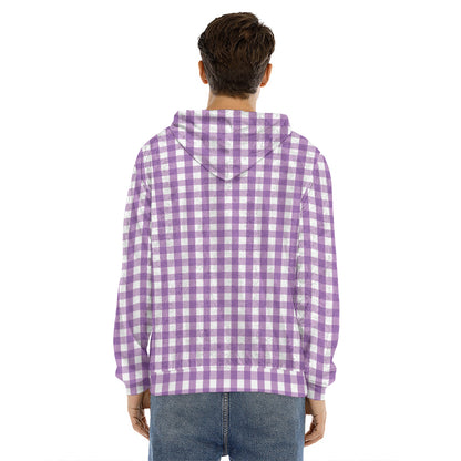 Purple And White Check Pattern Print Men's Velvet Pullover Hoodie