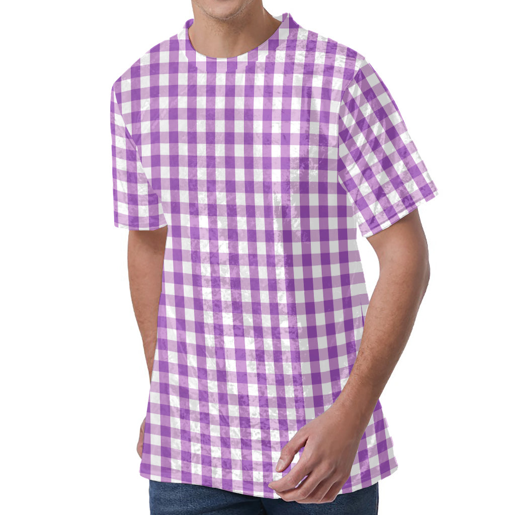 Purple And White Check Pattern Print Men's Velvet T-Shirt