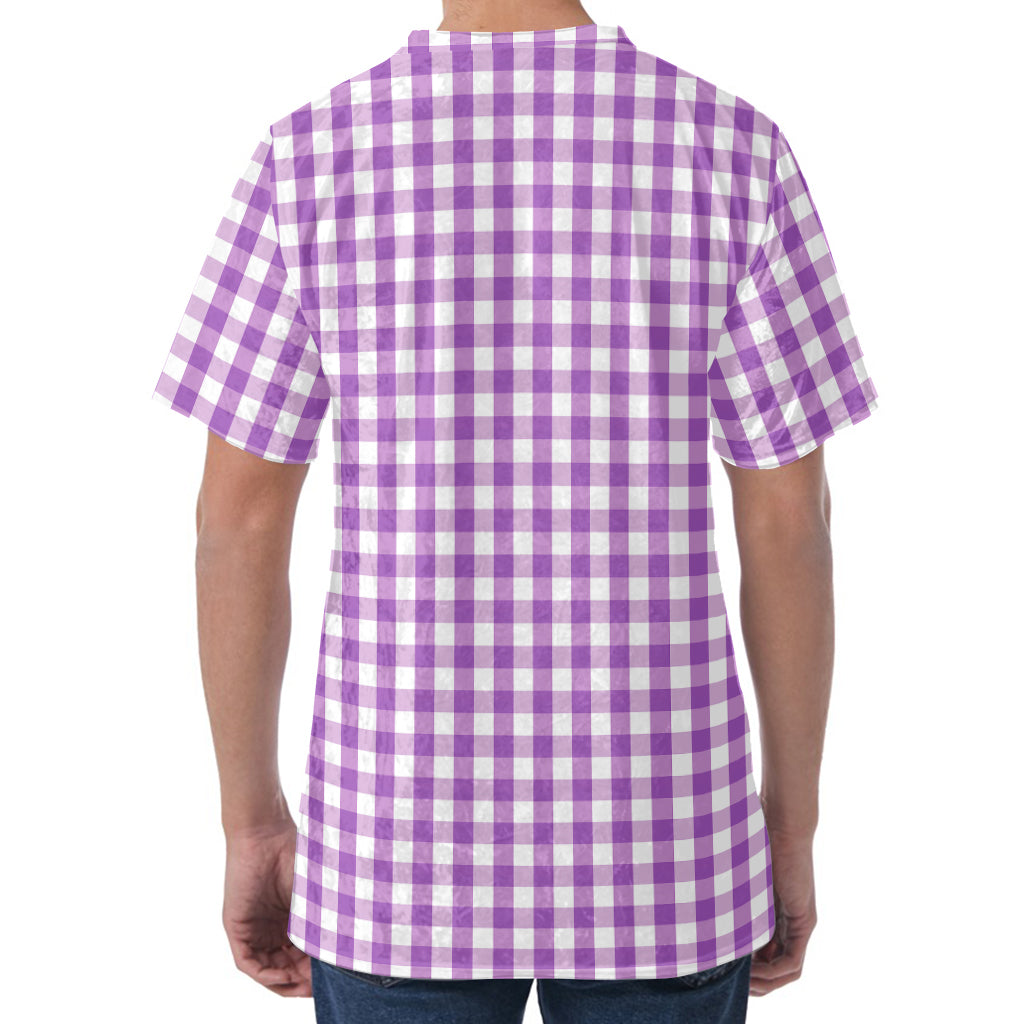 Purple And White Check Pattern Print Men's Velvet T-Shirt