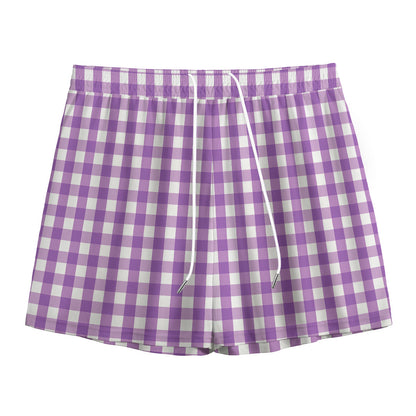 Purple And White Check Pattern Print Mesh Shorts