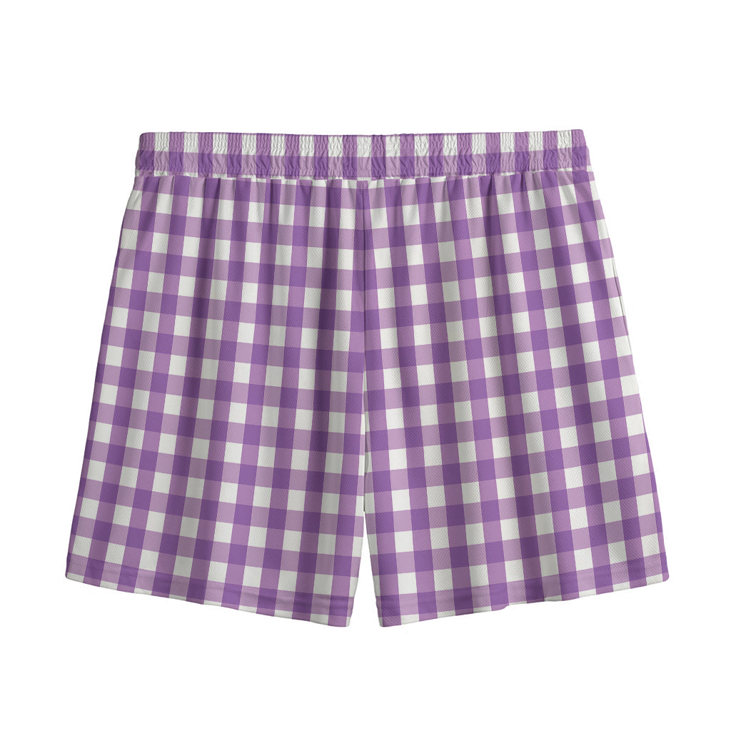 Purple And White Check Pattern Print Mesh Shorts
