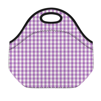 Purple And White Check Pattern Print Neoprene Lunch Bag
