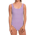 Purple And White Check Pattern Print One Piece Swimsuit