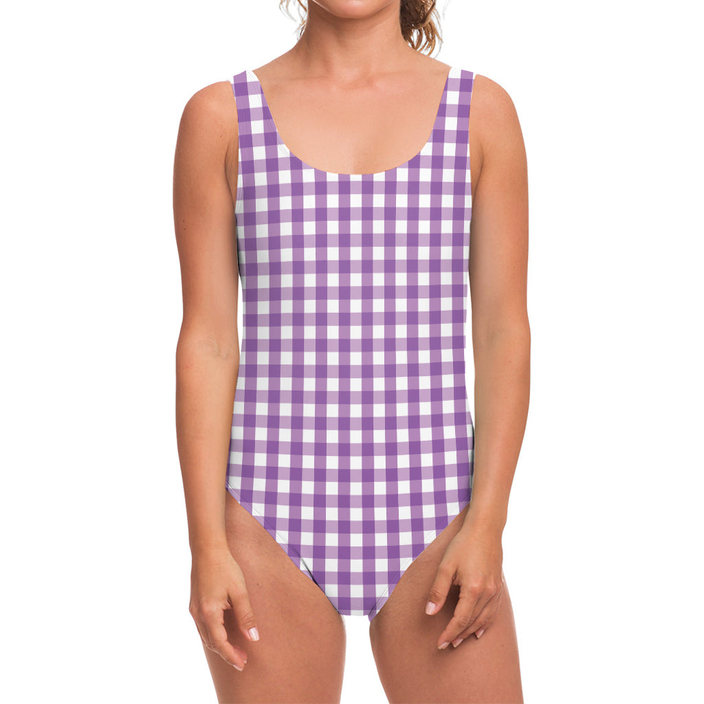 Purple And White Check Pattern Print One Piece Swimsuit
