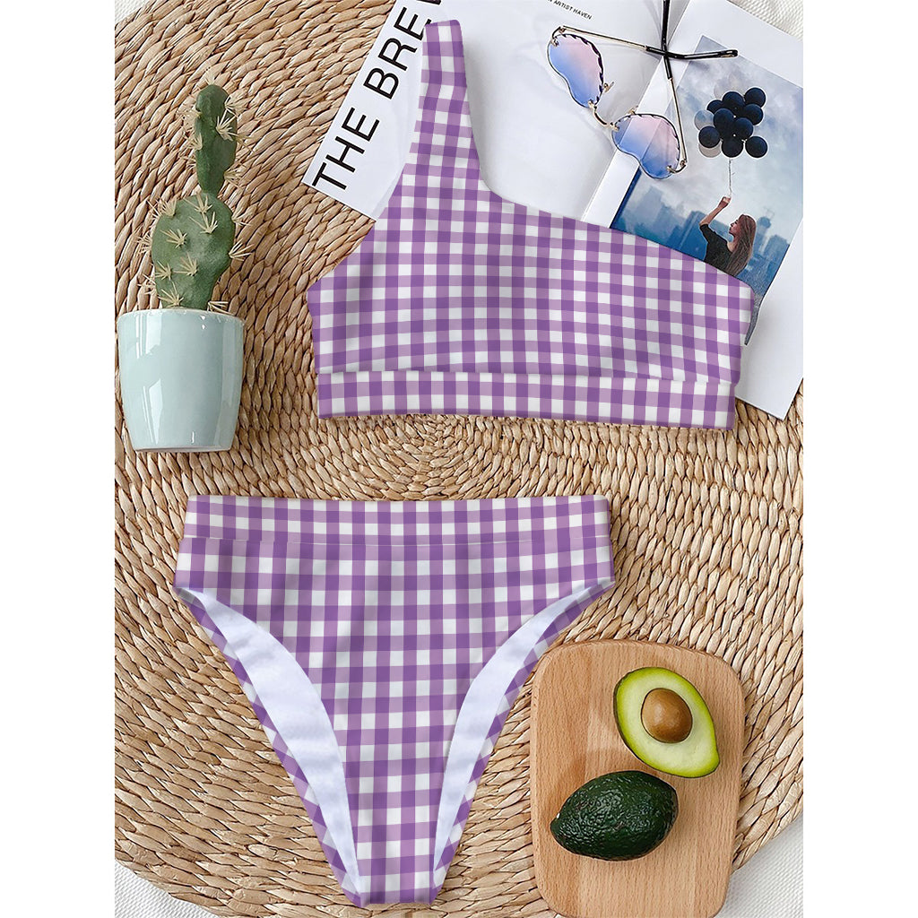 Purple And White Check Pattern Print One Shoulder Bikini Top