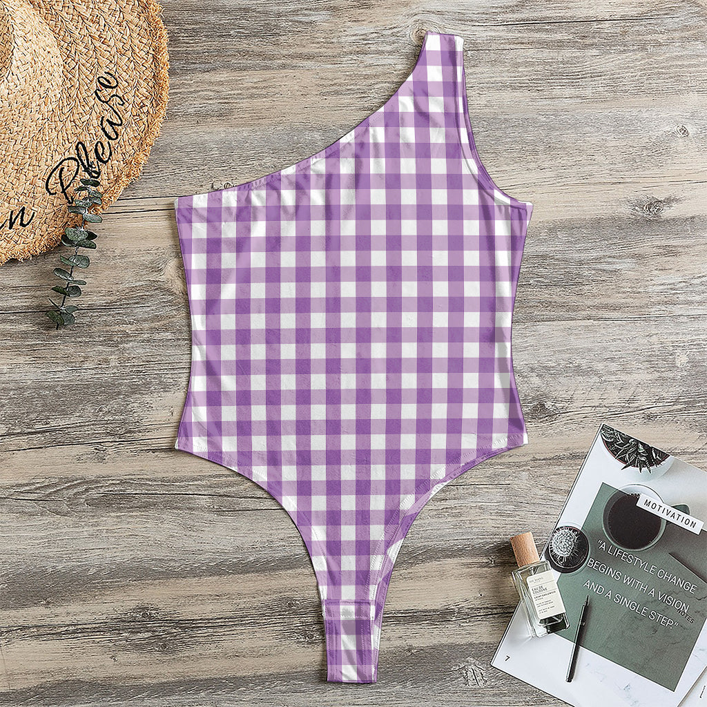 Purple And White Check Pattern Print One Shoulder Bodysuit