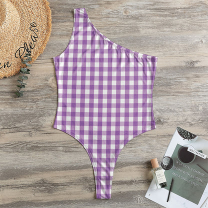 Purple And White Check Pattern Print One Shoulder Bodysuit