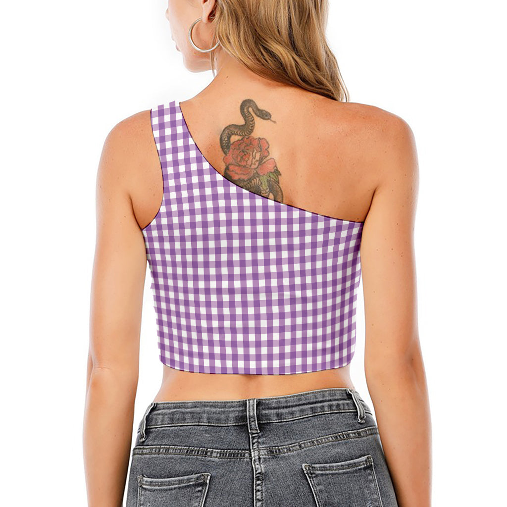 Purple And White Check Pattern Print One Shoulder Crop Top
