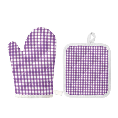 Purple And White Check Pattern Print Oven Mitt And Pot Holder Set