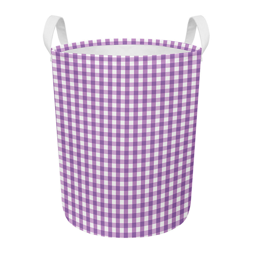 Purple And White Check Pattern Print Round Laundry Basket