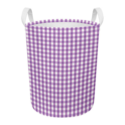 Purple And White Check Pattern Print Round Laundry Basket