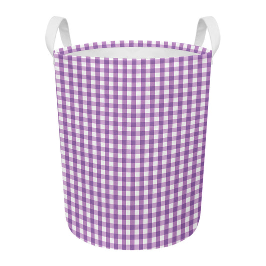 Purple And White Check Pattern Print Round Laundry Basket