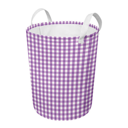 Purple And White Check Pattern Print Round Laundry Basket