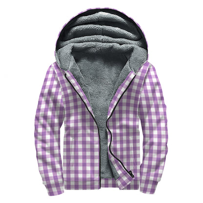 Purple And White Check Pattern Print Sherpa Lined Zip Up Hoodie