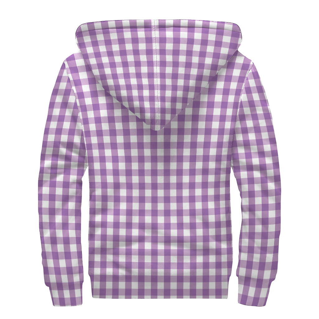 Purple And White Check Pattern Print Sherpa Lined Zip Up Hoodie