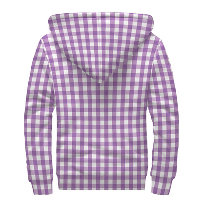 Purple And White Check Pattern Print Sherpa Lined Zip Up Hoodie
