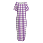 Purple And White Check Pattern Print Short Sleeve Long Nightdress