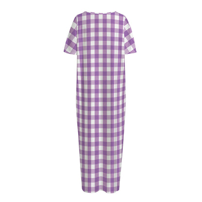 Purple And White Check Pattern Print Short Sleeve Long Nightdress