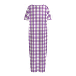 Purple And White Check Pattern Print Short Sleeve Long Nightdress