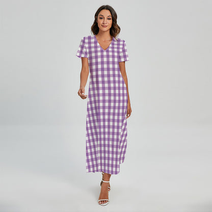 Purple And White Check Pattern Print Short Sleeve Maxi Dress
