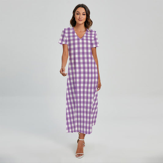 Purple And White Check Pattern Print Short Sleeve Maxi Dress