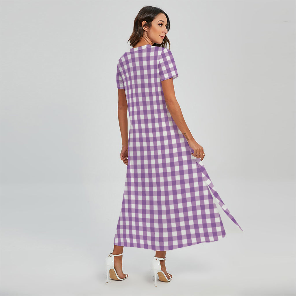 Purple And White Check Pattern Print Short Sleeve Maxi Dress