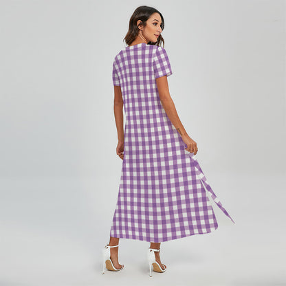 Purple And White Check Pattern Print Short Sleeve Maxi Dress