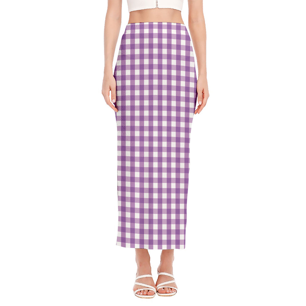 Purple And White Check Pattern Print Side Slit Maxi Skirt