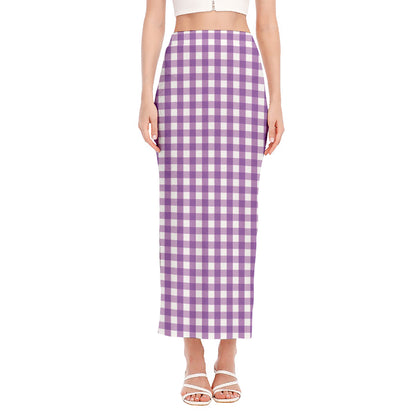 Purple And White Check Pattern Print Side Slit Maxi Skirt