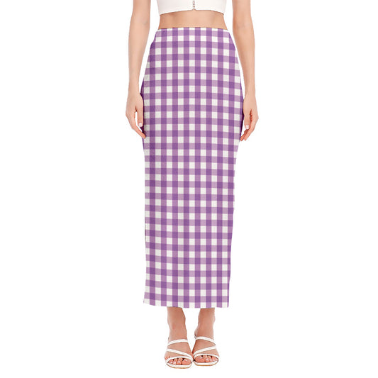 Purple And White Check Pattern Print Side Slit Maxi Skirt