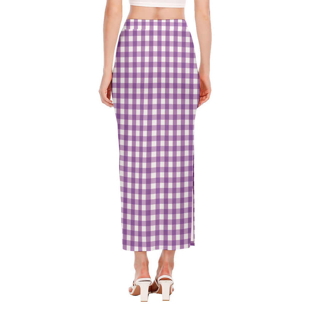 Purple And White Check Pattern Print Side Slit Maxi Skirt
